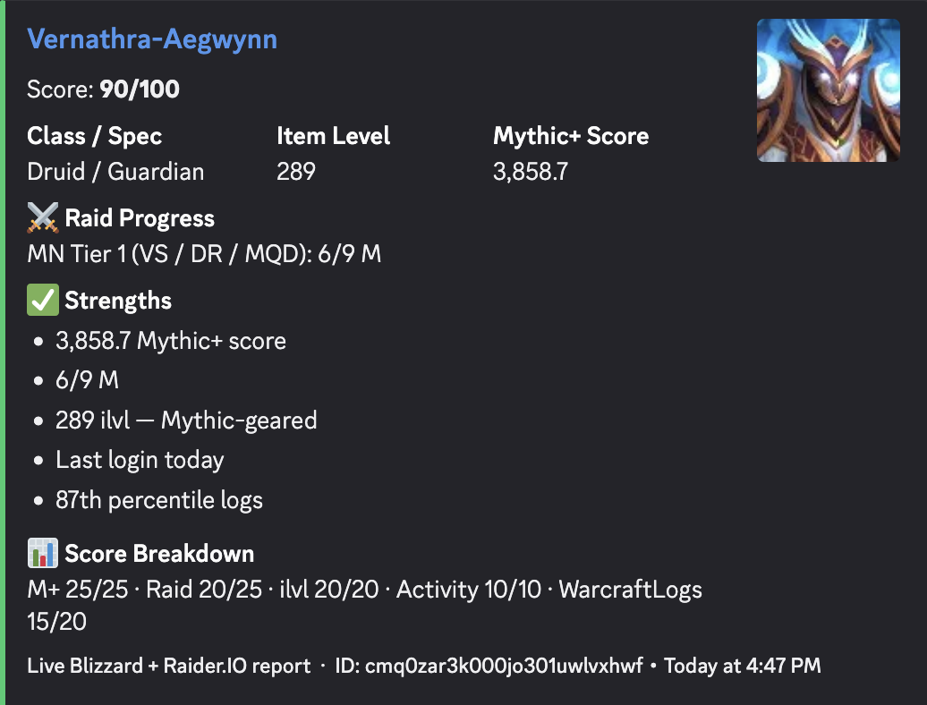 The Recruiter embed showing Vernathra-Aegwynn scored 90/100